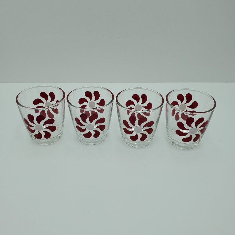 Hazel Atlas Red Pinwheel Sour Cream Glasses Daisy Flower Juice Drinking Glasses